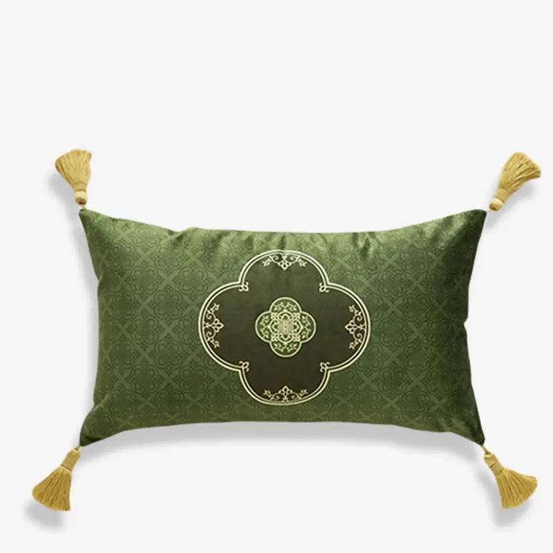 Chinoiserie Dark Green Vintage Short Plush Lumbar Pillow - SinoCultural -- WP001A01 -