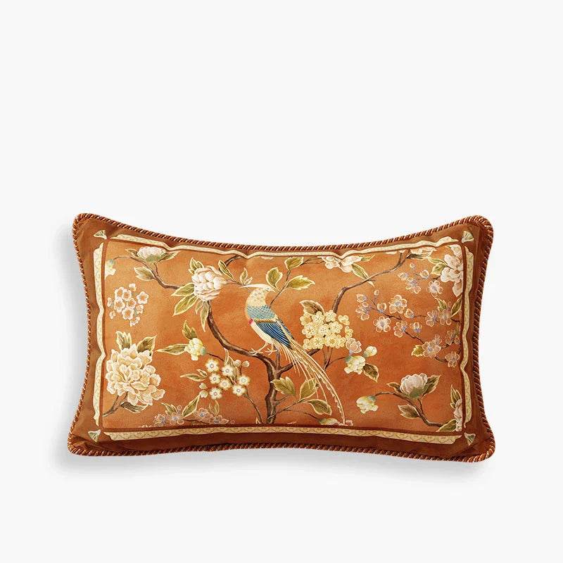Chinoiserie Floral Short Plush Lumbar Pillow Orange Chirp - SinoCultural -- WP007A01