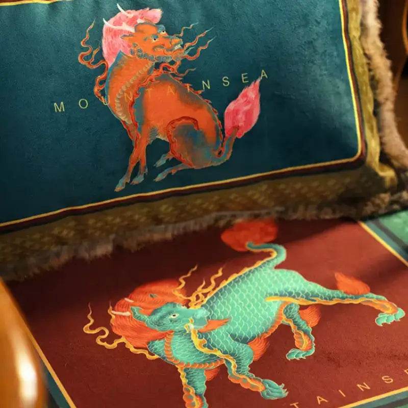Chinoiserie Original Design Vintage Kylin Pattern Lumbar Pillow - SinoCultural -- WP017A01