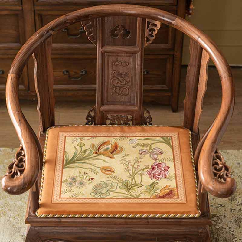 Chinoiserie Orange Spring Floral Bird Pattern Short Plush Chair Cushion - SinoCultural -- SC032A38