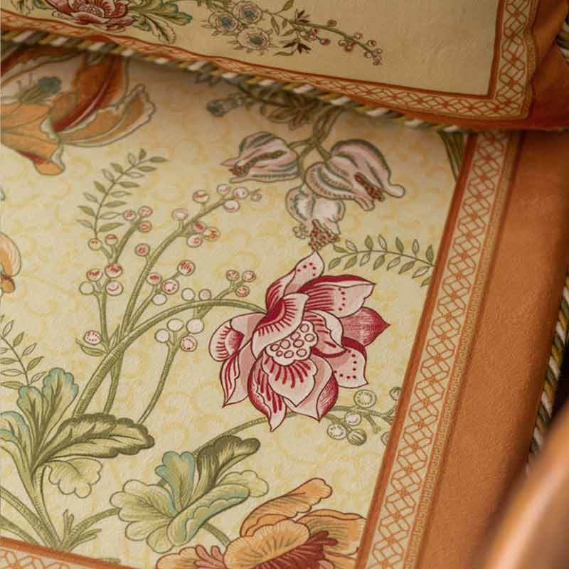 Chinoiserie Orange Spring Floral Bird Pattern Short Plush Chair Cushion - SinoCultural -- SC032A38