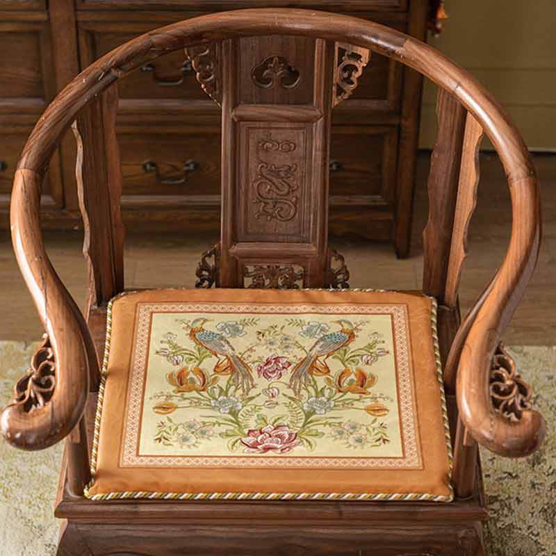 Chinoiserie Orange Spring Floral Bird Pattern Short Plush Chair Cushion - SinoCultural -- SC032A38