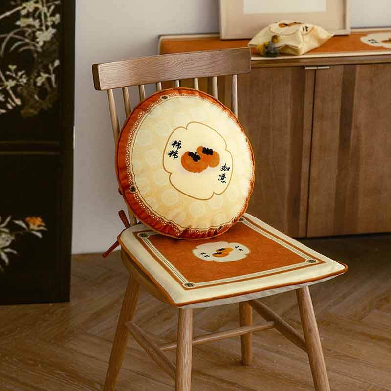 Chinoiserie Auspicious Wishes Dining Chair Cushion Persimmons Blessings - SinoCultural -- WP047A38 -
