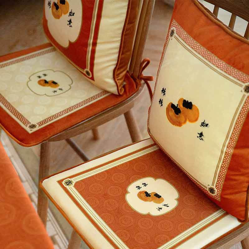 Chinoiserie Auspicious Wishes Dining Chair Cushion Persimmons Blessings - SinoCultural -- WP047A38 -