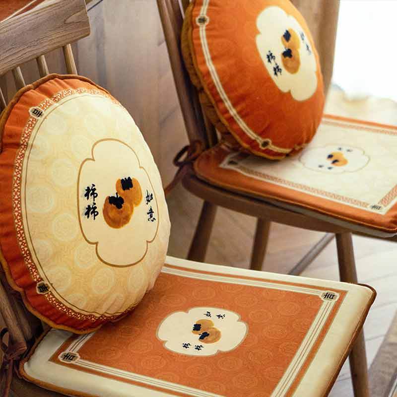 Chinoiserie Auspicious Wishes Dining Chair Cushion Persimmons Blessings - SinoCultural -- WP047A38 -