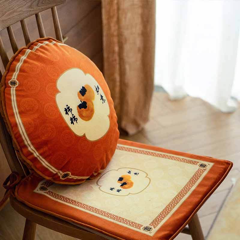 Chinoiserie Auspicious Wishes Dining Chair Cushion Persimmons Blessings - SinoCultural -- WP047A38 -