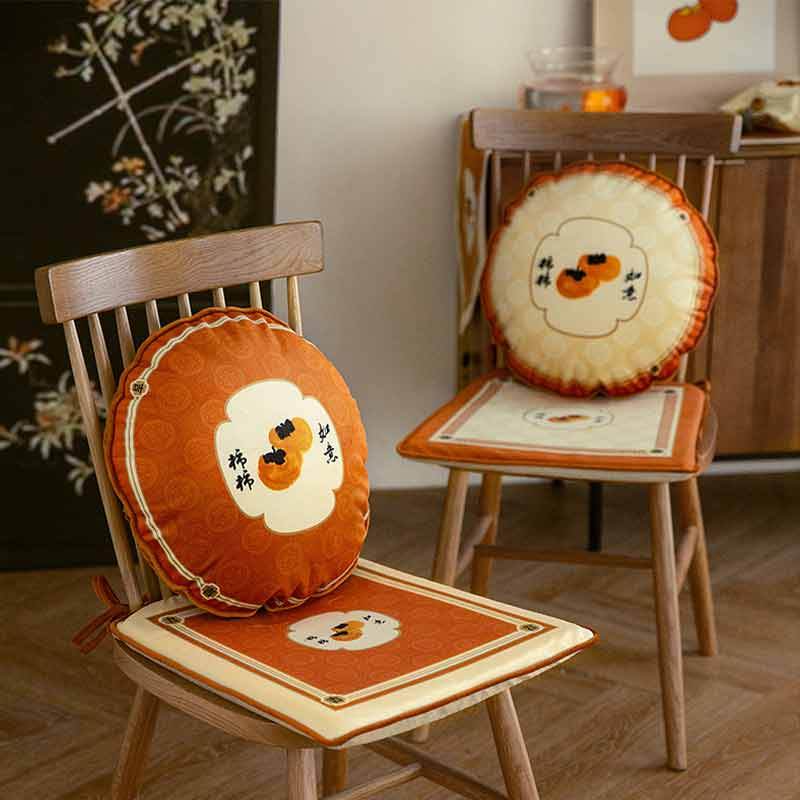 Chinoiserie Auspicious Wishes Dining Chair Cushion Persimmons Blessings - SinoCultural -- WP047A38 -
