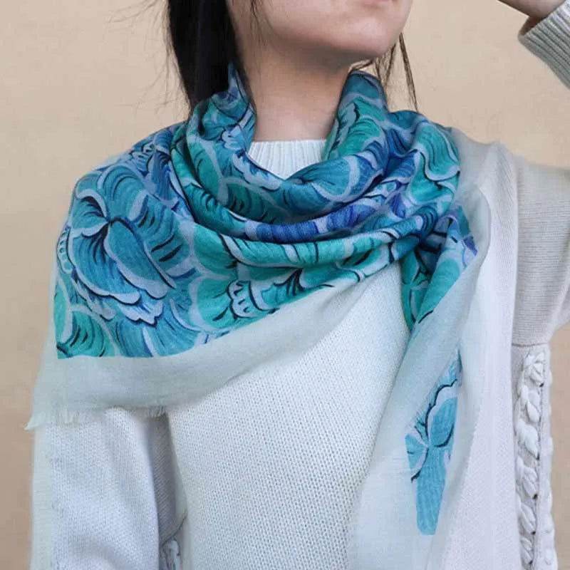 100% Wool Winter Square Scarf Elegant Peony 100x100cm - SinoCultural -- LS059