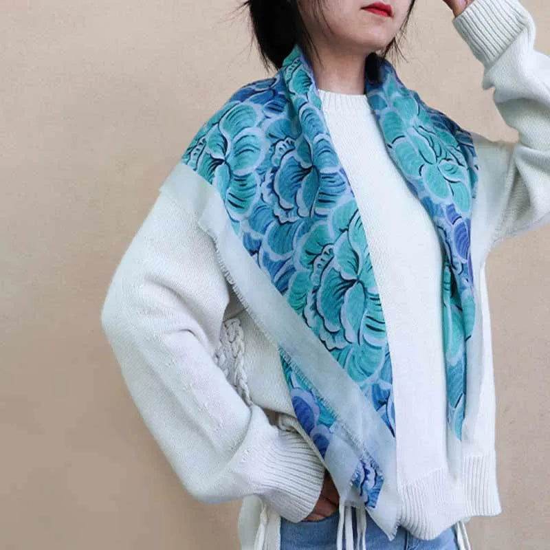 100% Wool Winter Square Scarf Elegant Peony 100x100cm - SinoCultural -- LS059