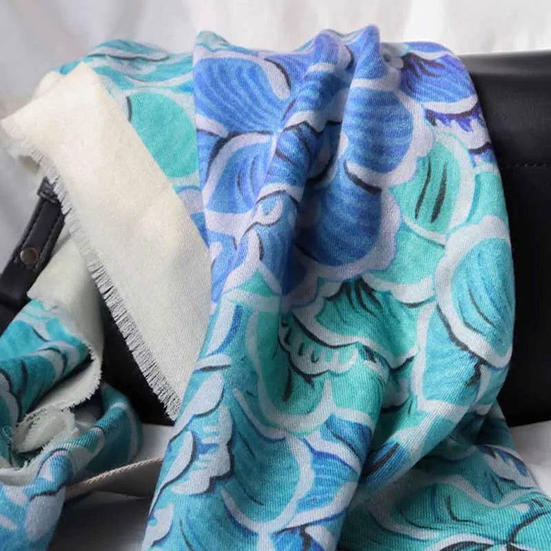 100% Wool Winter Square Scarf Elegant Peony 100x100cm - SinoCultural -- LS059