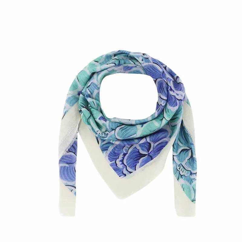 100% Wool Winter Square Scarf Elegant Peony 100x100cm - SinoCultural -- LS059