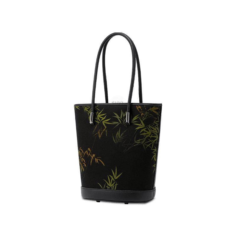 Xiangyunsha Silk Black Bamboo Print Crossbody Bucket Bag - SinoCultural -- P110608 -
