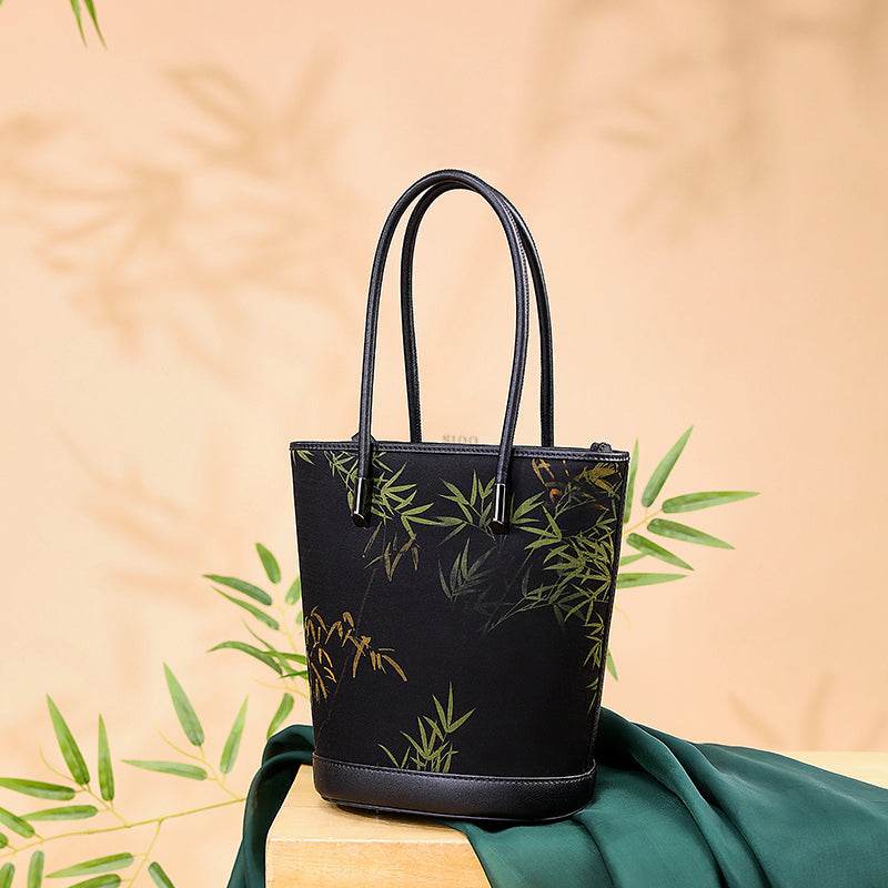 Xiangyunsha Silk Black Bamboo Print Crossbody Bucket Bag - SinoCultural -- P110608 -