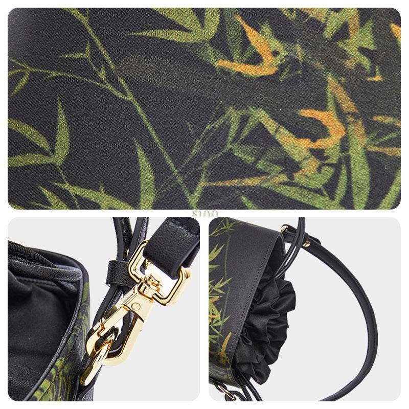 Xiangyunsha Silk Black Bamboo Print Mini Cube Bucket Bag - SinoCultural -- LD170613 -
