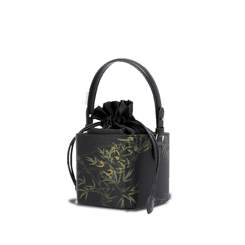 Xiangyunsha Silk Black Bamboo Print Mini Cube Bucket Bag - SinoCultural -- LD170613 -