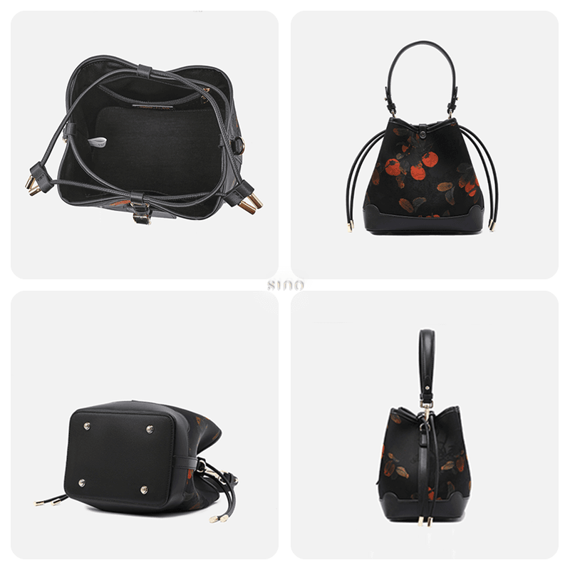 Xiangyunsha Silk Leather Printed Persimmon Bucket Bag - SinoCultural -- YS220680