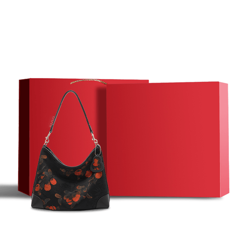 Xiangyunsha Silk Leather Printed Persimmon Shoulder Bag - SinoCultural -- YS220679
