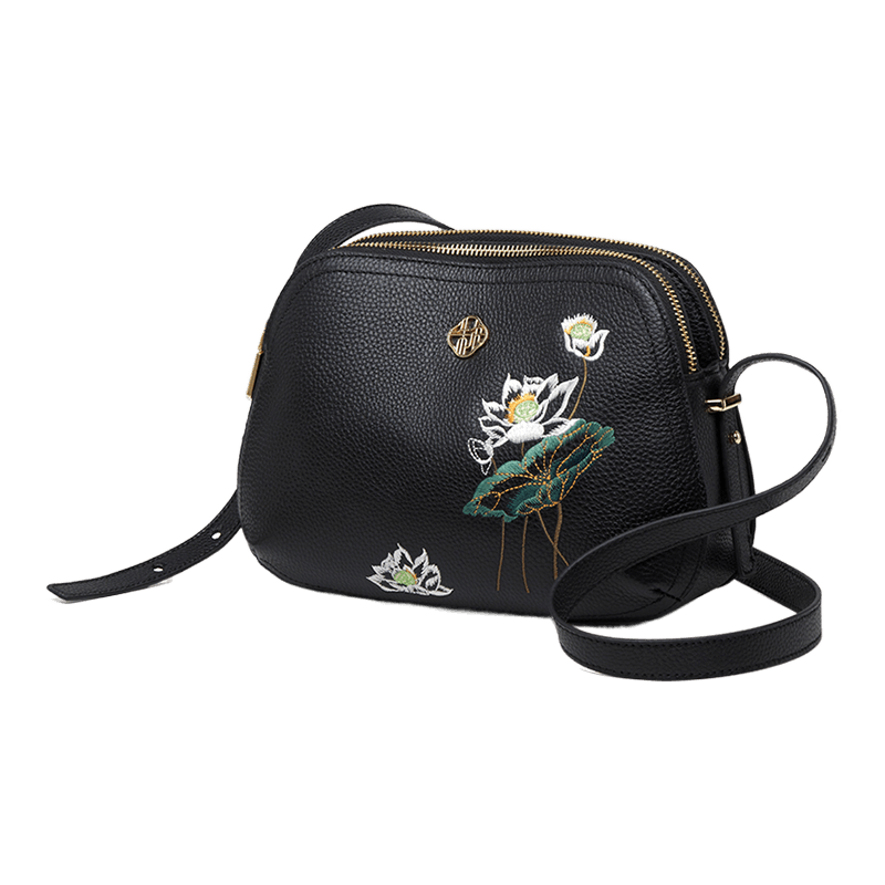 Embroidery Leather Shoulder Bag Black Lotus Handbag - SinoCultural -- YC383R1