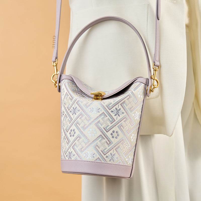 Zhuang Brocade Leather Bucket Crossbody Bag Romantic Purple - SinoCultural -- FJ120768