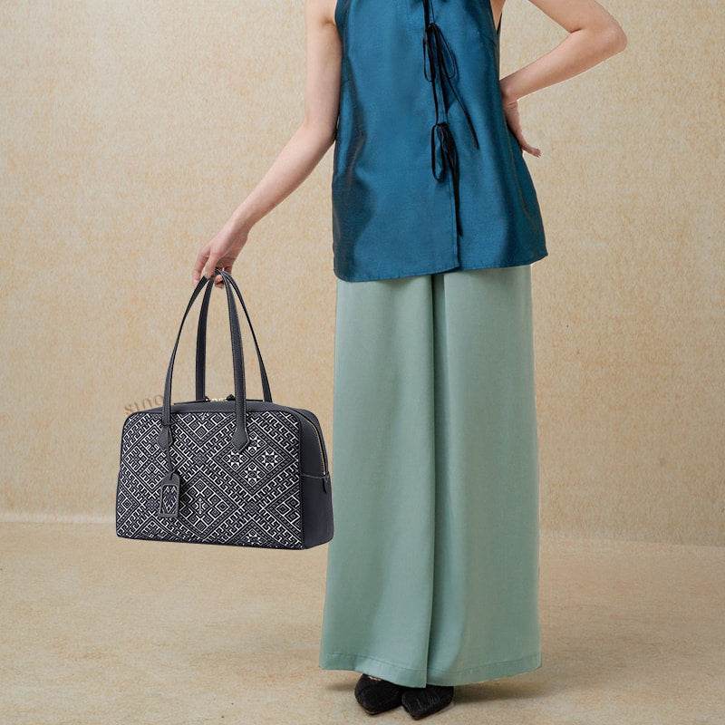 Zhuang Brocade Flying Swallow Motif Embroidered Leather Handbag - SinoCultural -- FJ110689