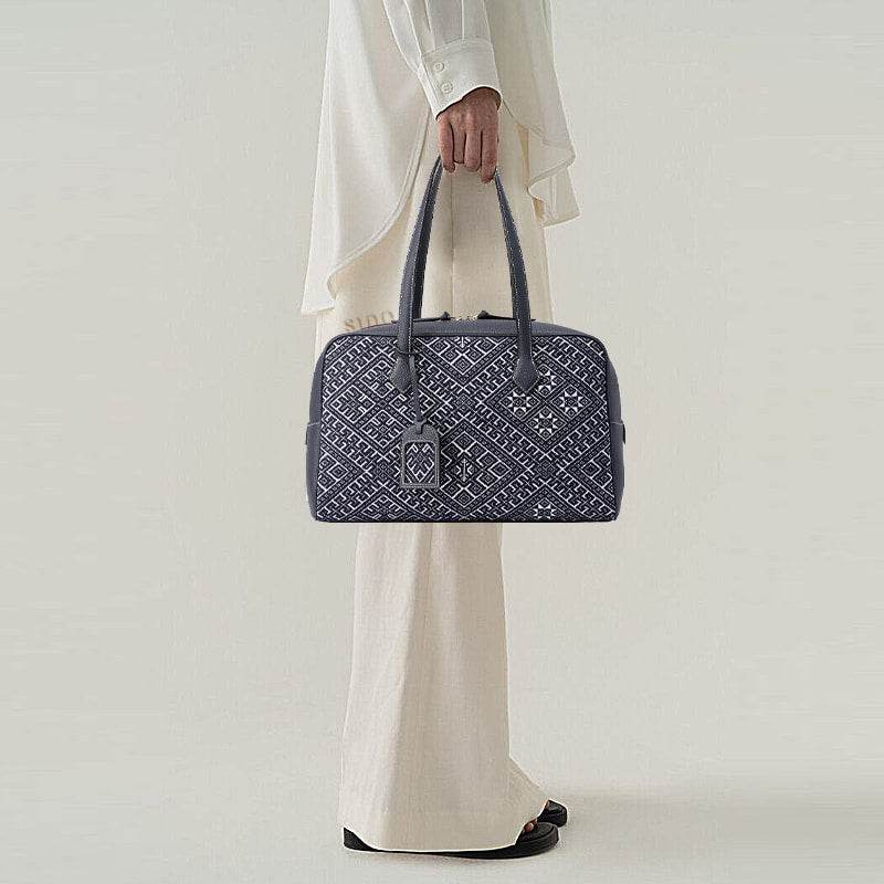 Zhuang Brocade Flying Swallow Motif Embroidered Leather Handbag - SinoCultural -- FJ110689