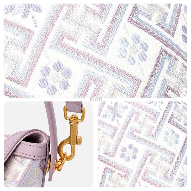 Zhuang Brocade Leather Bucket Crossbody Bag Romantic Purple - SinoCultural -- FJ120768