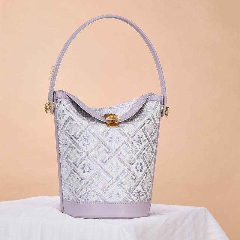 Zhuang Brocade Leather Bucket Crossbody Bag Romantic Purple - SinoCultural -- FJ120768