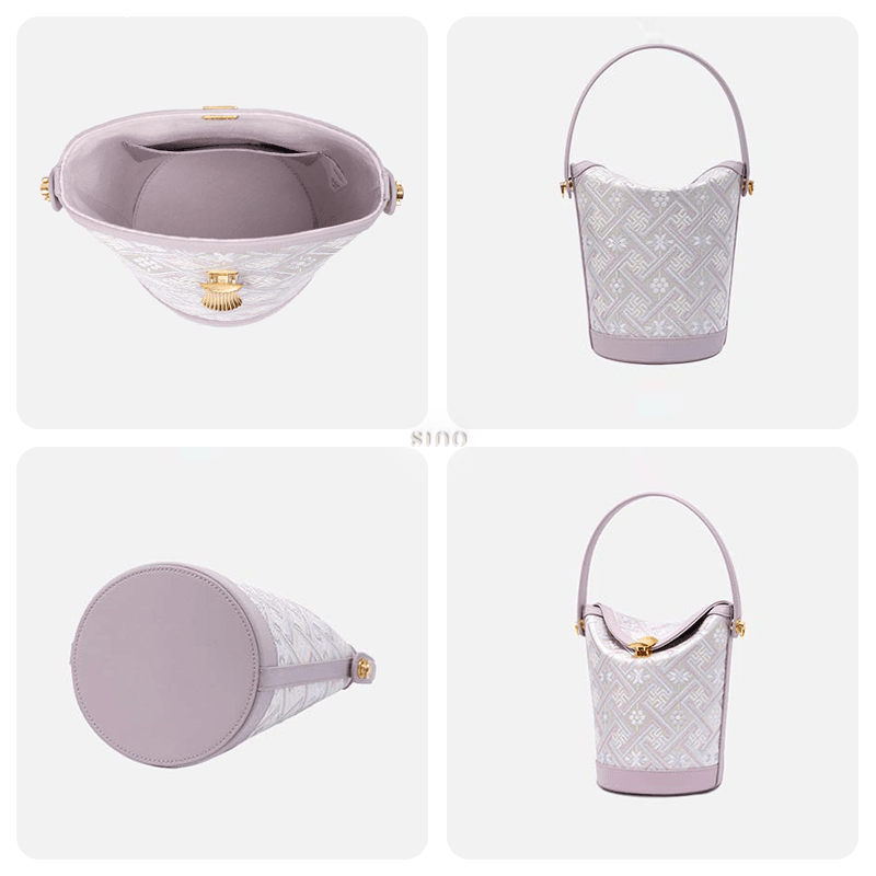 Zhuang Brocade Leather Bucket Crossbody Bag Romantic Purple - SinoCultural -- FJ120768