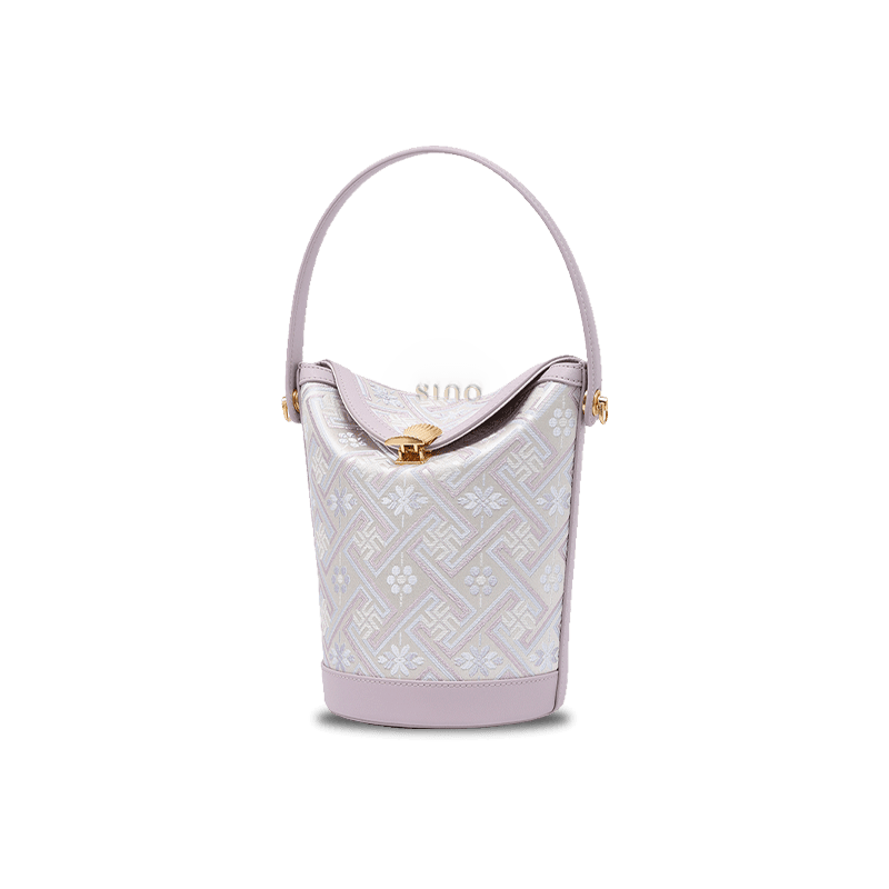 Zhuang Brocade Leather Bucket Crossbody Bag Romantic Purple - SinoCultural -- FJ120768