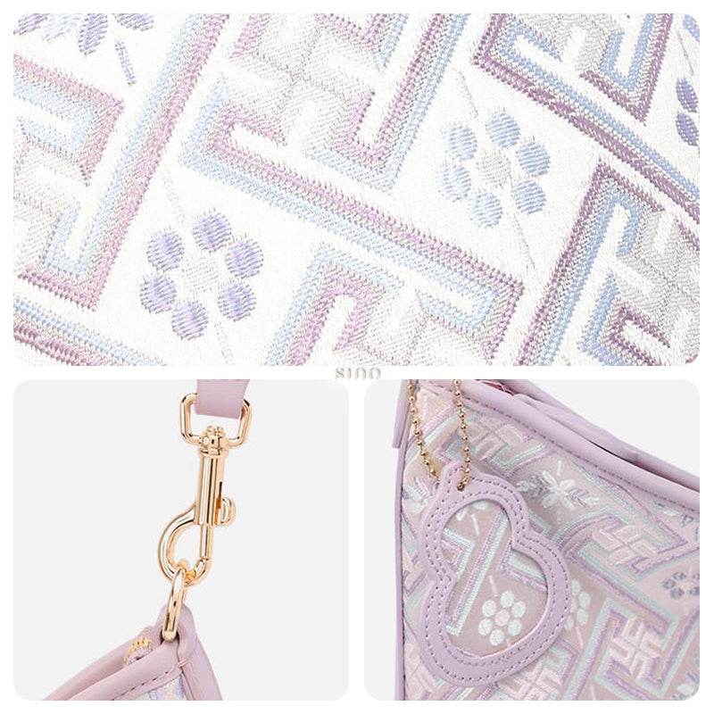Zhuang Brocade Leather Shoulder Bag Tote Bag Romantic Purple - SinoCultural -- FJ220679