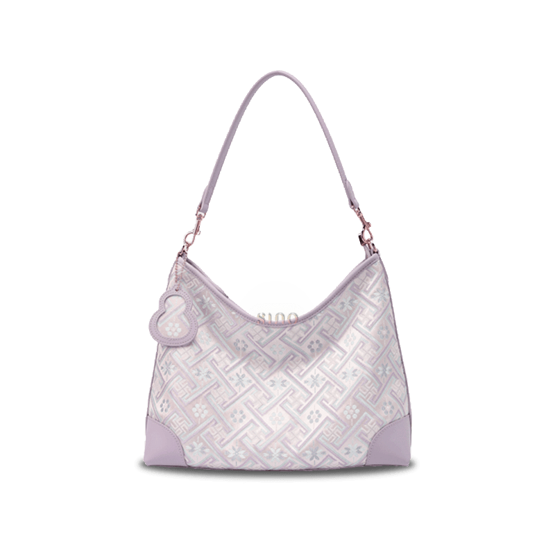 Zhuang Brocade Leather Shoulder Bag Tote Bag Romantic Purple - SinoCultural -- FJ220679