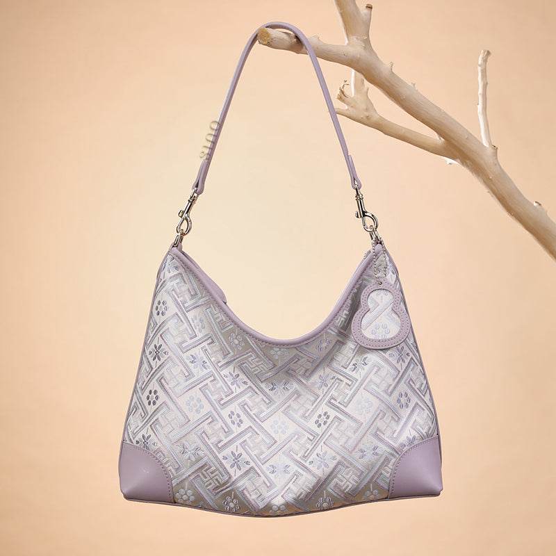 Zhuang Brocade Leather Shoulder Bag Tote Bag Romantic Purple - SinoCultural -- FJ220679
