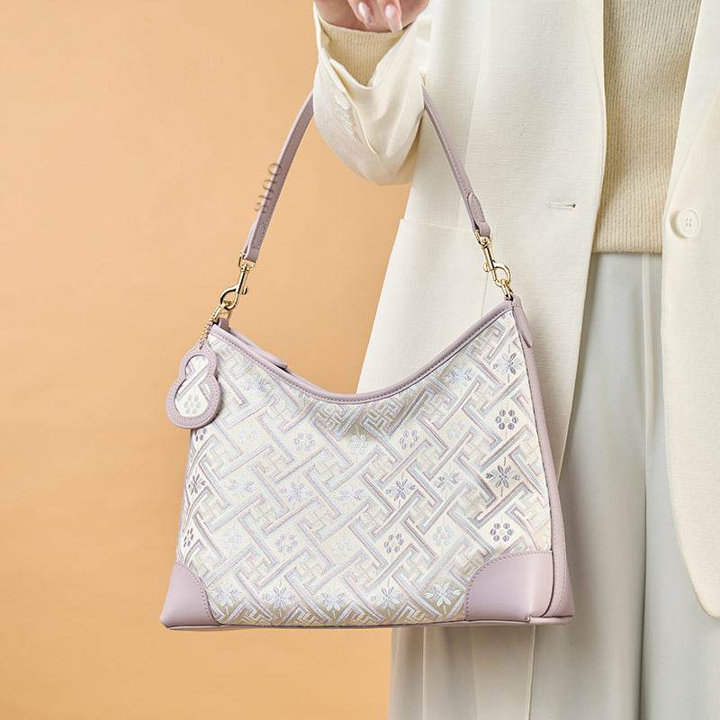 Zhuang Brocade Leather Shoulder Bag Tote Bag Romantic Purple - SinoCultural -- FJ220679