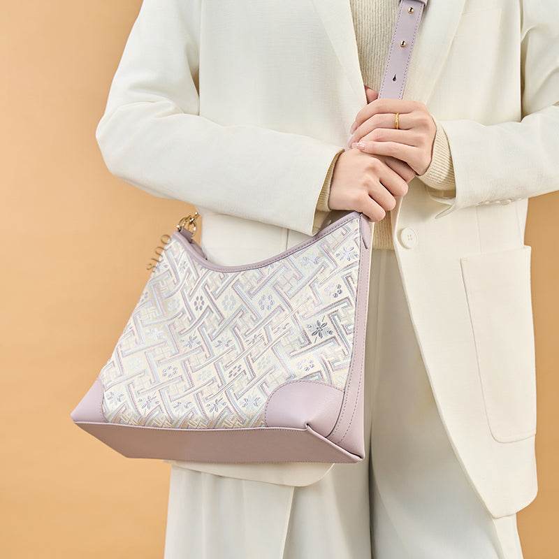Zhuang Brocade Leather Shoulder Bag Tote Bag Romantic Purple - SinoCultural -- FJ220679