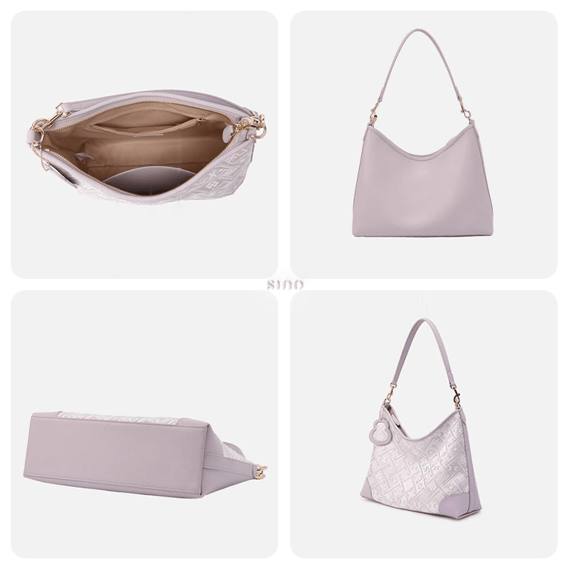 Zhuang Brocade Leather Shoulder Bag Tote Bag Romantic Purple - SinoCultural -- FJ220679