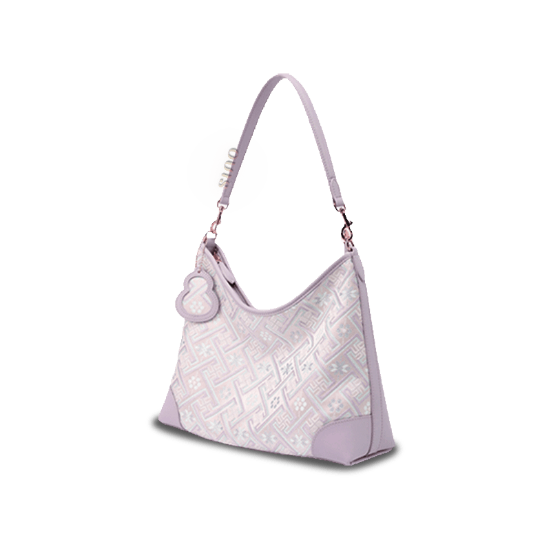 Zhuang Brocade Leather Shoulder Bag Tote Bag Romantic Purple - SinoCultural -- FJ220679