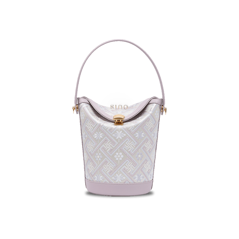 Zhuang Brocade Leather Bucket Crossbody Bag Romantic Purple - SinoCultural -- FJ120768