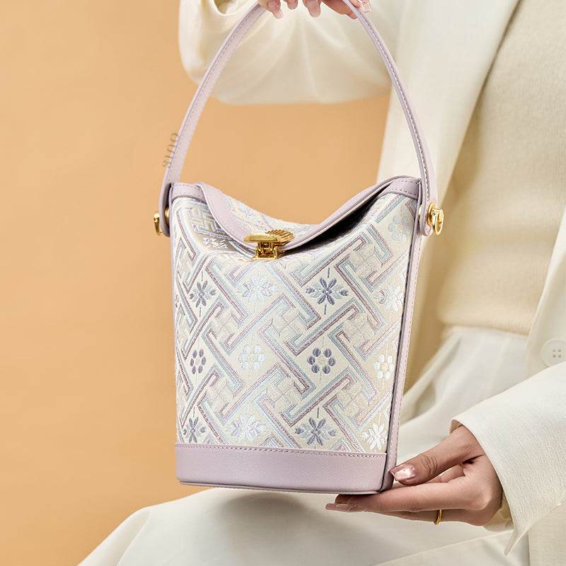 Zhuang Brocade Leather Bucket Crossbody Bag Romantic Purple - SinoCultural -- FJ120768