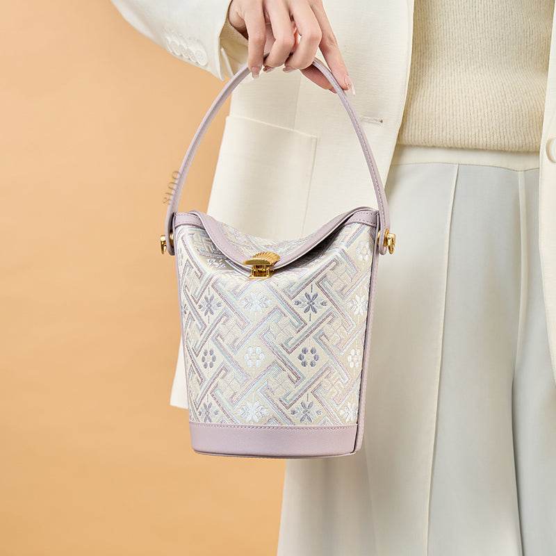 Zhuang Brocade Leather Bucket Crossbody Bag Romantic Purple - SinoCultural -- FJ120768