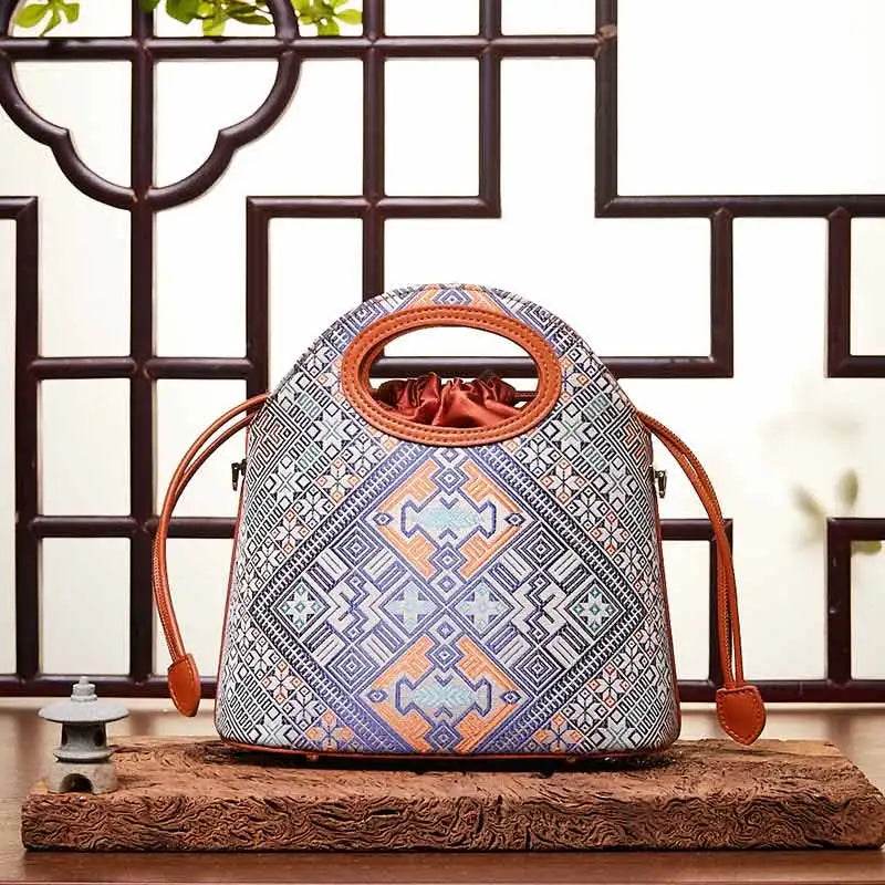 Zhuang Brocade Vintage Drawstring Bucket Bag - SinoCultural -- FJ120670