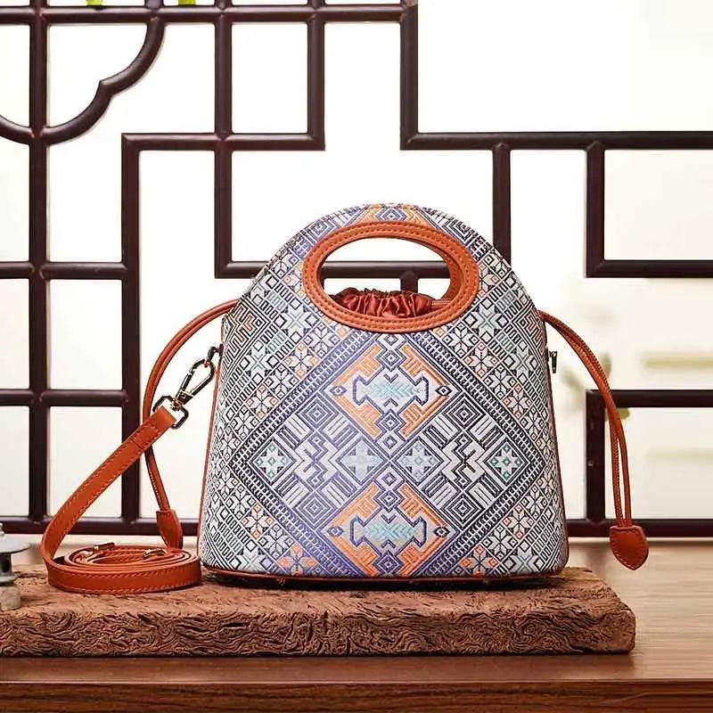 Zhuang Brocade Vintage Drawstring Bucket Bag - SinoCultural -- FJ120670