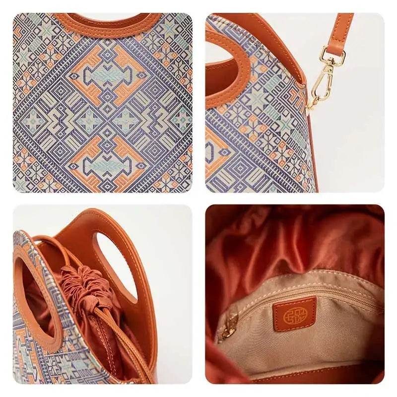 Zhuang Brocade Vintage Drawstring Bucket Bag - SinoCultural -- FJ120670