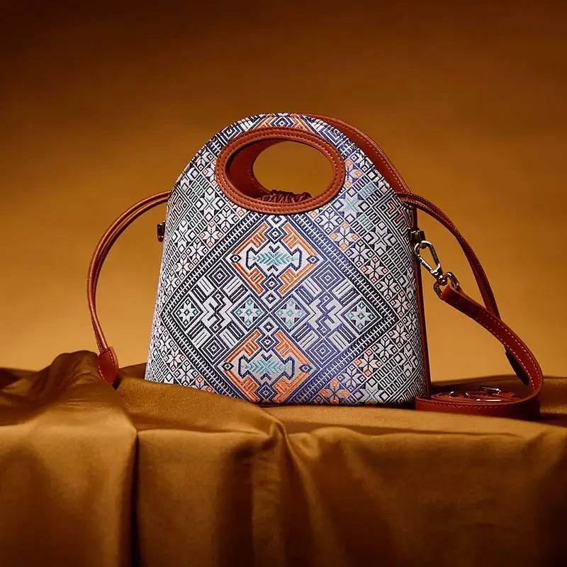 Zhuang Brocade Vintage Drawstring Bucket Bag - SinoCultural -- FJ120670