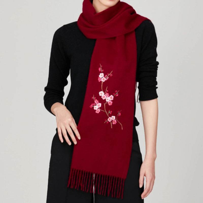 Handcrafted Su Embroidery Cashmere Scarf Luxury 190x30cm - SinoCultural -- HYFSJ017-5