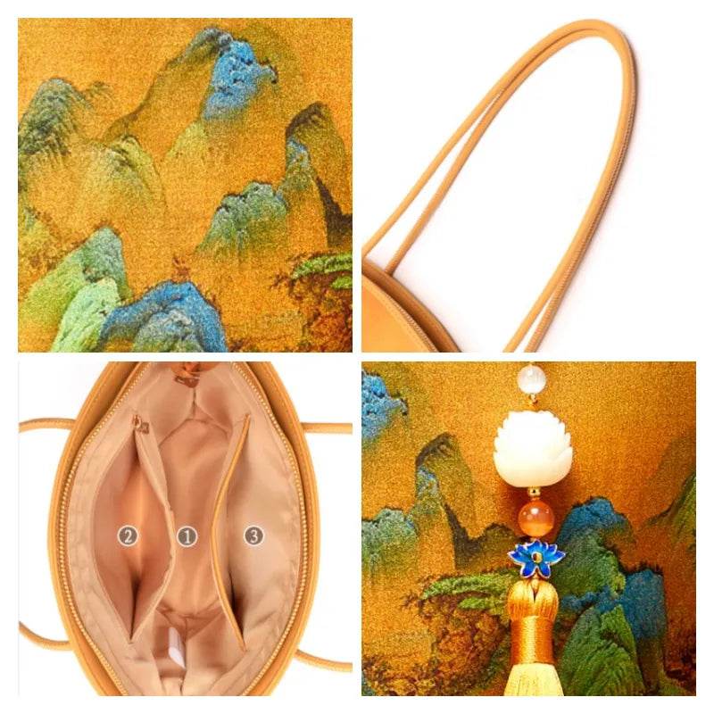 Chinese Painting Mulberry Silk Tote Bag Green Women Handbag - SinoCultural -- P220263-2
