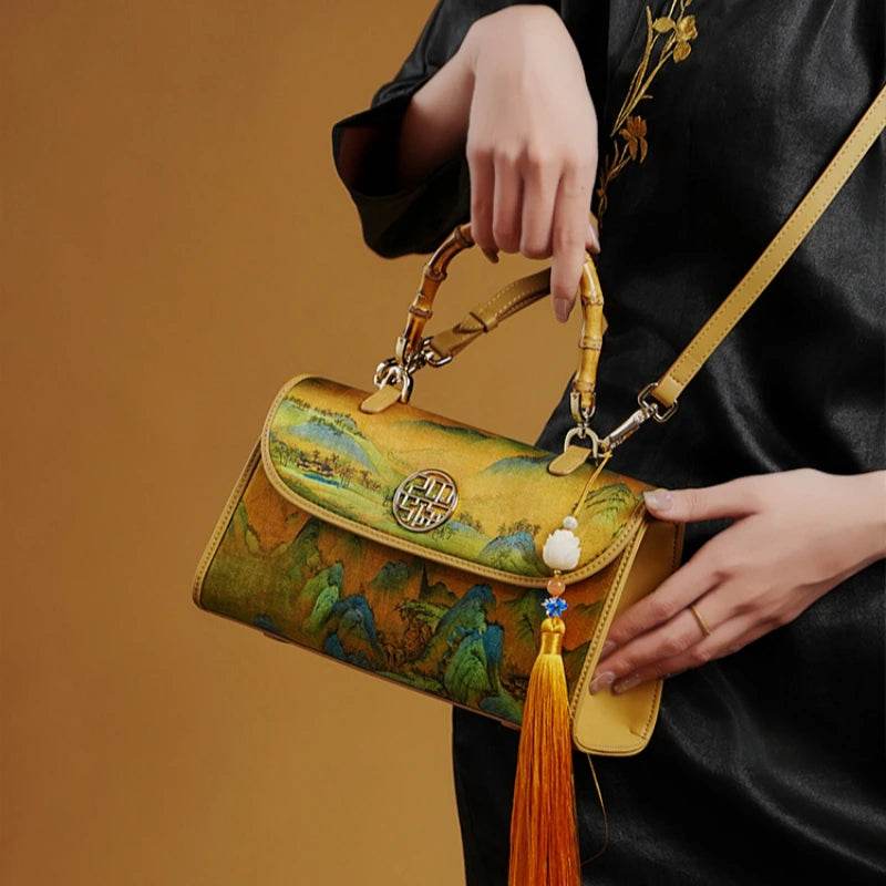 Chinese Painting Xiangyunsha Silk Bamboo Handle Barrel Handbag - SinoCultural -- P170079