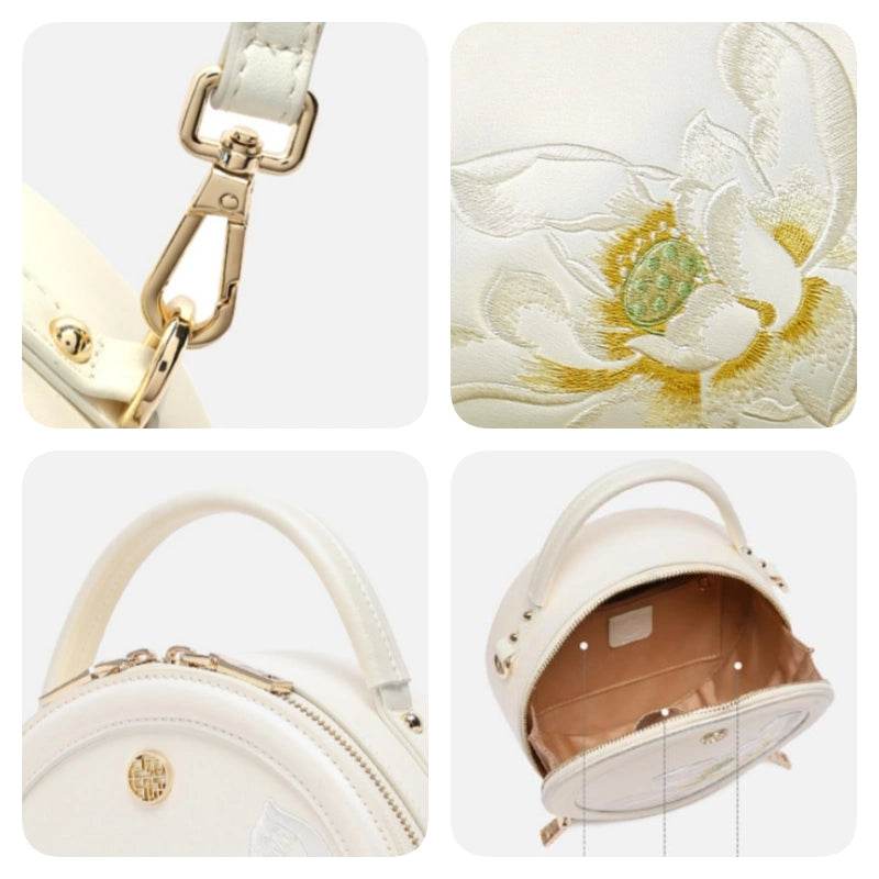 Embroidery Leather White Round Handbag Lotus - SinoCultural -- P120355 -