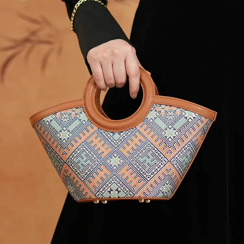 Zhuang Brocade Handicraft Unique Crossbody Basket Bag - SinoCultural -- FJ120001-2