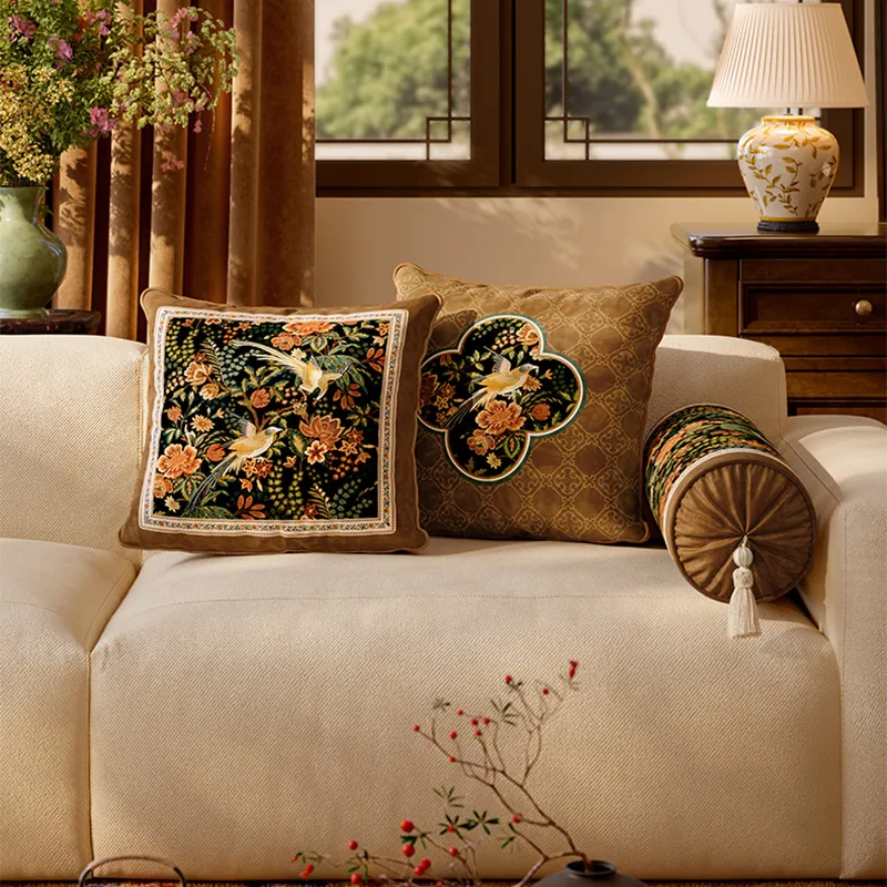 Style A, B and armrest chinoiserie pillows arranged straight.