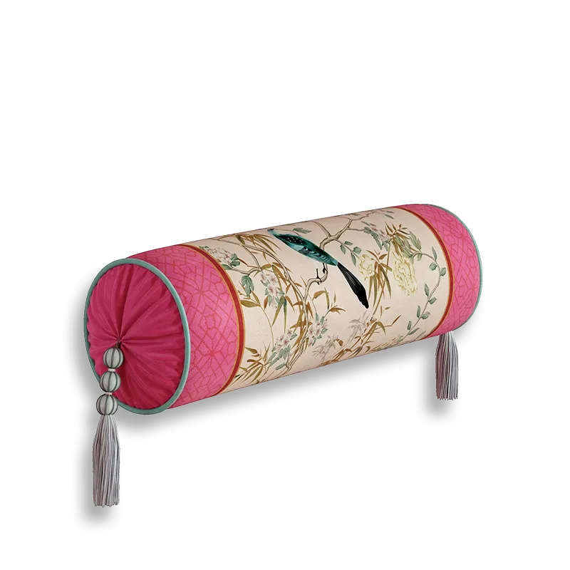 Chinoiserie window lattice birds blossoms armrest pillow, style A.